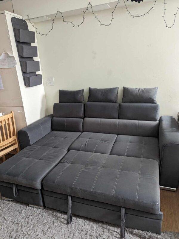 Luca Sofa Bed with Storage in Grey Fabric – Convertible Modern Sofa with Hidden Storage and Chaise Lounge
