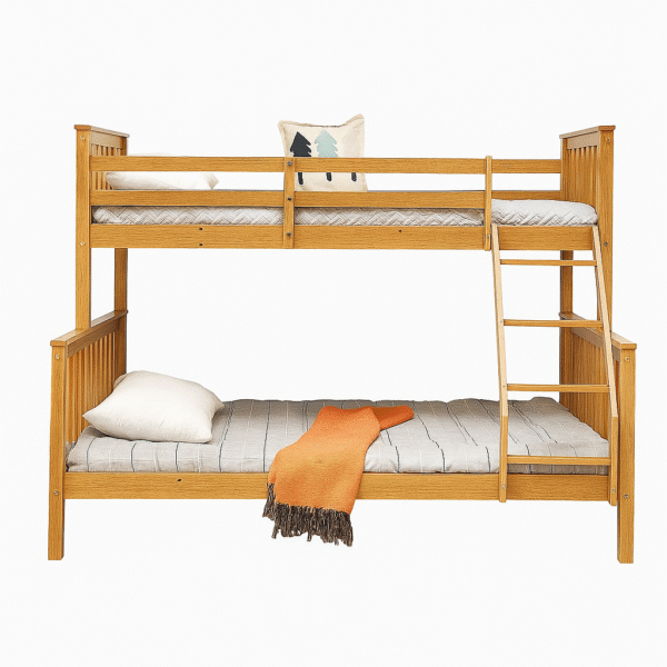 Oak wooden trio bunk bed with a single top and double bottom, featuring a built-in angled ladder and safety rails.