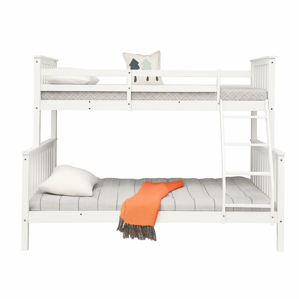 White wooden trio bunk bed with a single top and double bottom, featuring a built-in angled ladder and safety rails.