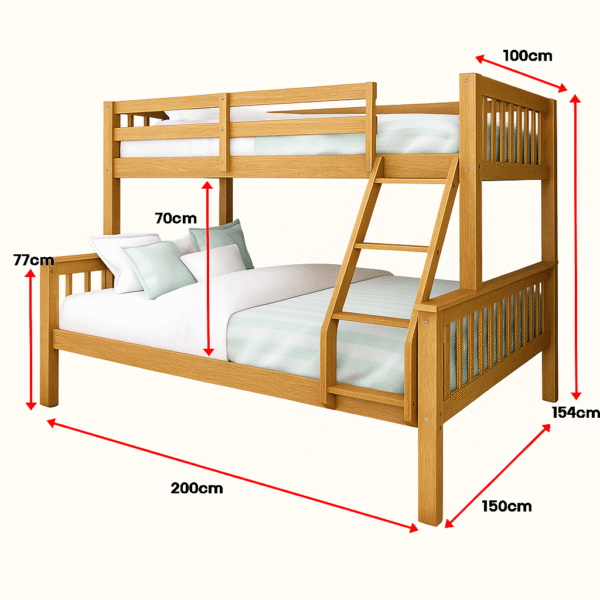 Oak wooden trio bunk bed with a single top and double bottom, featuring a built-in angled ladder and safety rails.