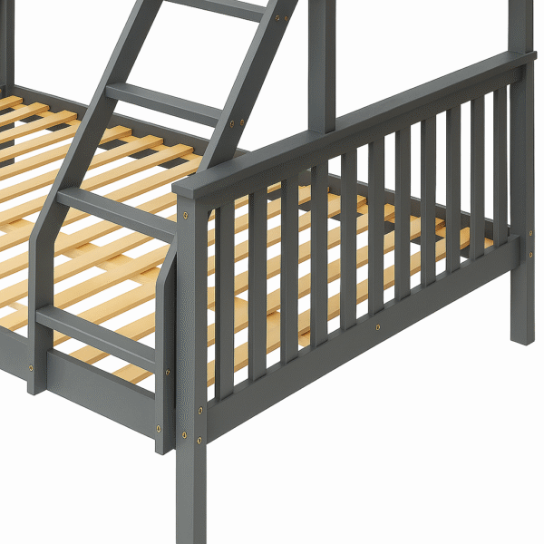 Grey wooden trio bunk bed with a single top and double bottom, featuring a built-in angled ladder and safety rails.