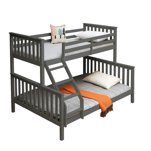 Grey wooden trio bunk bed with a single top and double bottom, featuring a built-in angled ladder and safety rails.