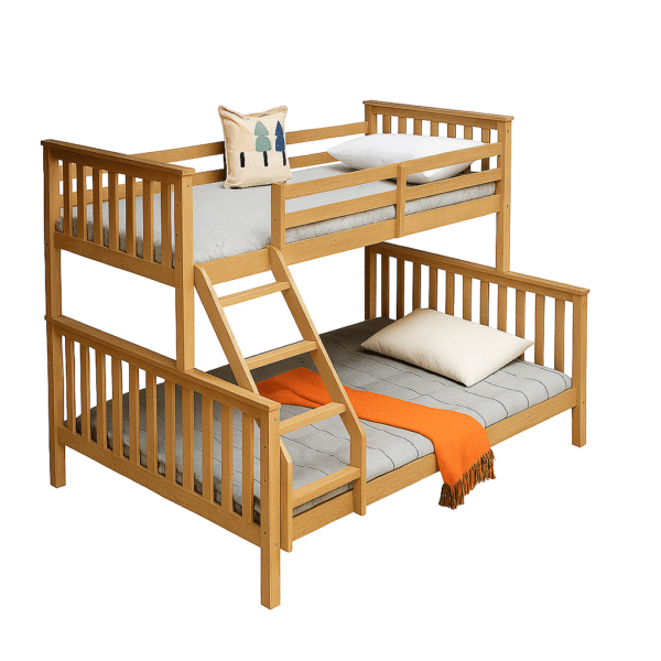 Oak wooden trio bunk bed with a single top and double bottom, featuring a built-in angled ladder and safety rails.