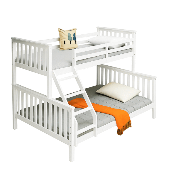 White wooden trio bunk bed with a single top and double bottom, featuring a built-in angled ladder and safety rails.