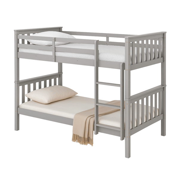 Modern grey wooden bunk bed with ladder, guardrails, and lower bed styled with pillow and blanket.