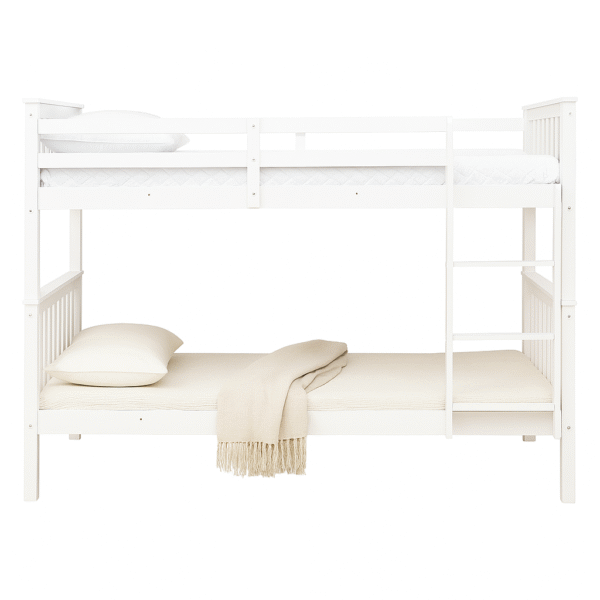 Modern white wooden bunk bed with ladder, guardrails, and lower bed styled with pillow and blanket.