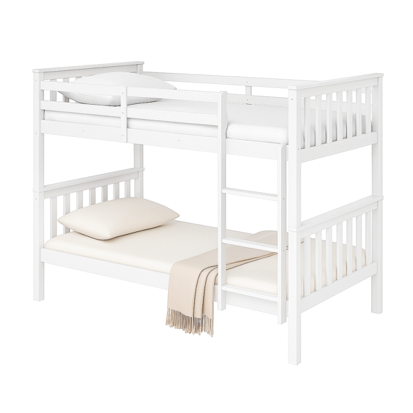 Modern white wooden bunk bed with ladder, guardrails, and lower bed styled with pillow and blanket.