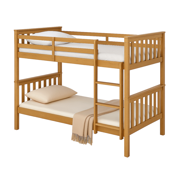 Modern oak wooden bunk bed with ladder, guardrails, and lower bed styled with pillow and blanket.