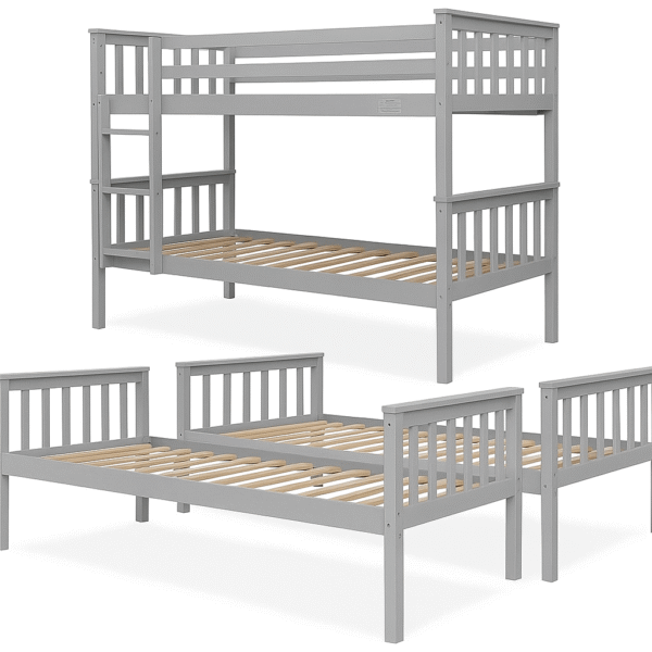 Modern grey wooden bunk bed with ladder, guardrails, and lower bed styled with pillow and blanket.