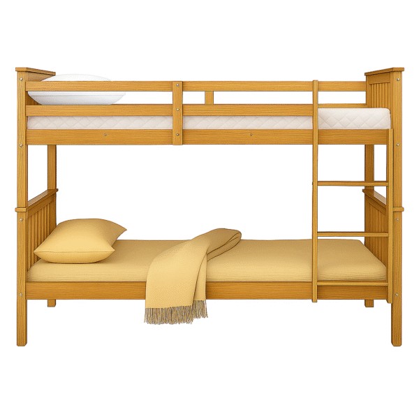 Modern oak wooden bunk bed with ladder, guardrails, and lower bed styled with pillow and blanket.