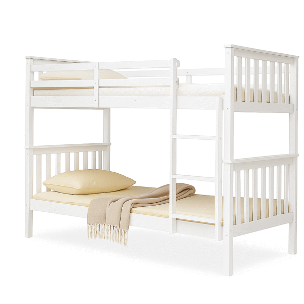 Modern white wooden bunk bed with ladder, guardrails, and lower bed styled with pillow and blanket.