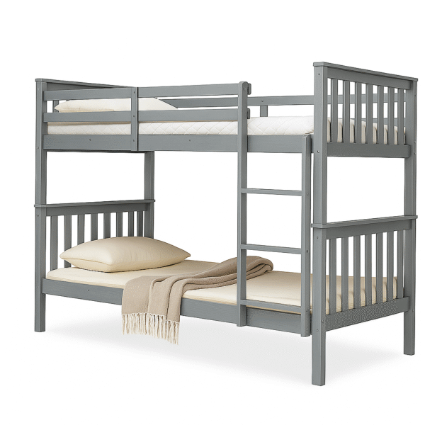 Modern grey wooden bunk bed with ladder, guardrails, and lower bed styled with pillow and blanket.