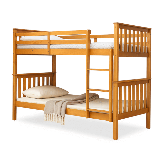 Modern oak wooden bunk bed with ladder, guardrails, and lower bed styled with pillow and blanket.