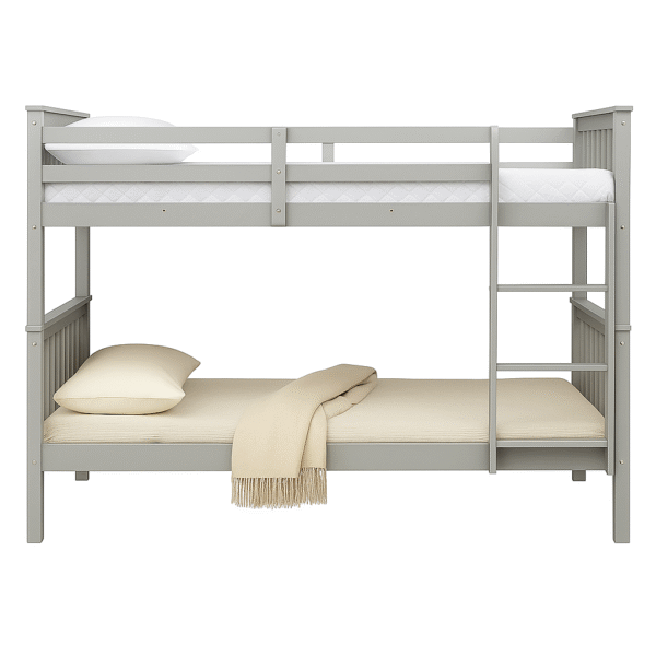 Modern grey wooden bunk bed with ladder, guardrails, and lower bed styled with pillow and blanket.
