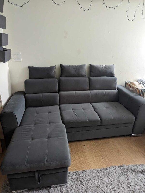 Luca Sofa Bed with Storage in Grey Fabric – Convertible Modern Sofa with Hidden Storage and Chaise Lounge