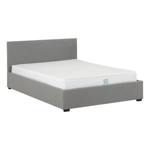 Grey upholstered ottoman bed frame with slatted base on a white background.