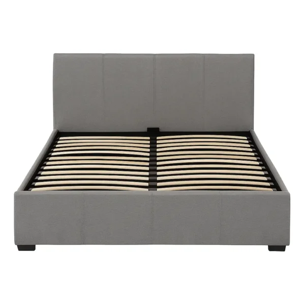 Grey upholstered ottoman bed frame with slatted base on a white background.