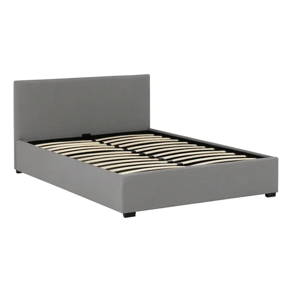 Grey upholstered ottoman bed frame with slatted base on a white background.