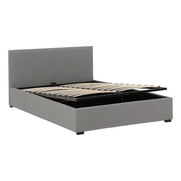 Grey upholstered ottoman bed frame with slatted base on a white background.