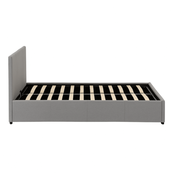 Grey upholstered ottoman bed frame with slatted base on a white background.