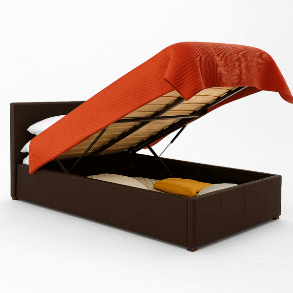 Dark brown upholstered storage bed with an orange quilted blanket lifted to reveal under-bed storage space.