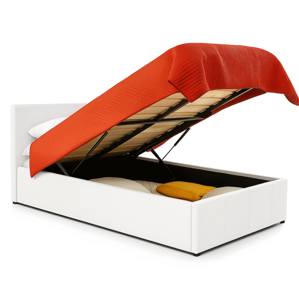 White upholstered storage bed with an orange quilted blanket lifted to reveal under-bed storage space.