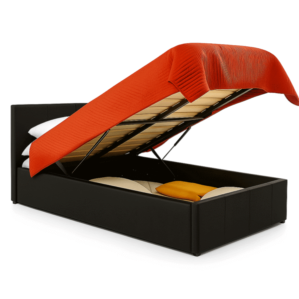 Black upholstered storage bed with an orange quilted blanket lifted to reveal under-bed storage space.