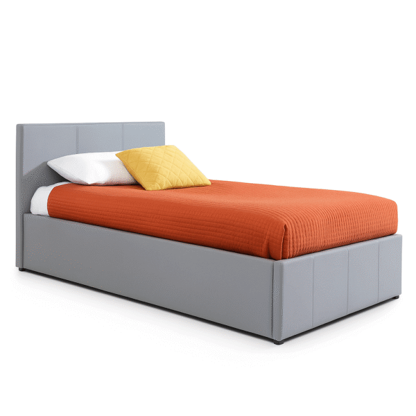 White upholstered storage bed with an orange quilted blanket lifted to reveal under-bed storage space.