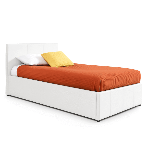 White upholstered storage bed with an orange quilted blanket lifted to reveal under-bed storage space.