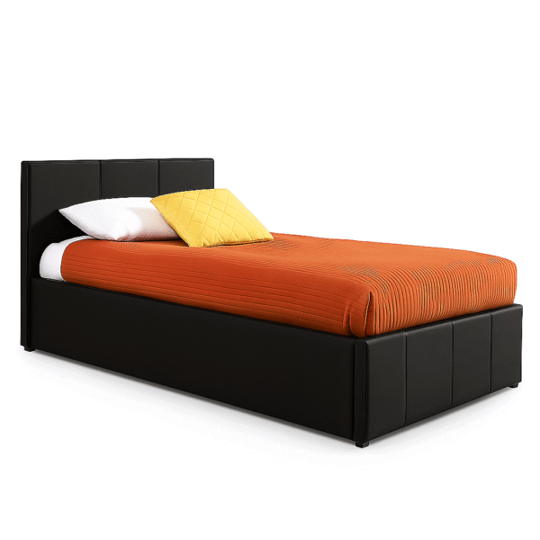 Black upholstered storage bed with an orange quilted blanket lifted to reveal under-bed storage space.