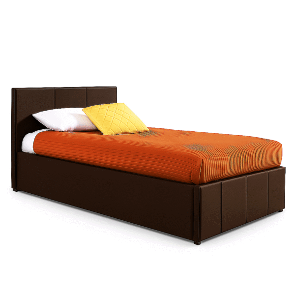 Dark brown upholstered storage bed with an orange quilted blanket lifted to reveal under-bed storage space.