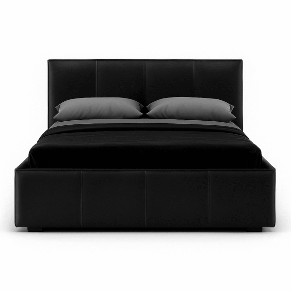 Double leather ottoman bed with lift-up storage feature in a modern design.