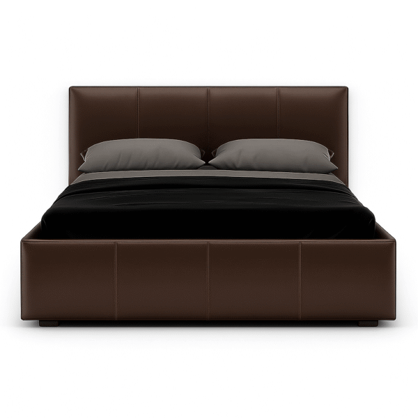 Double leather ottoman bed with lift-up storage feature in a modern design.