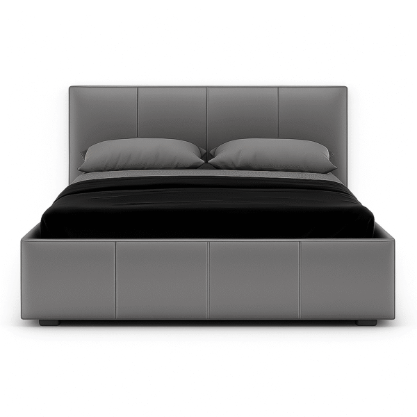 Double leather ottoman bed with lift-up storage feature in a modern design.