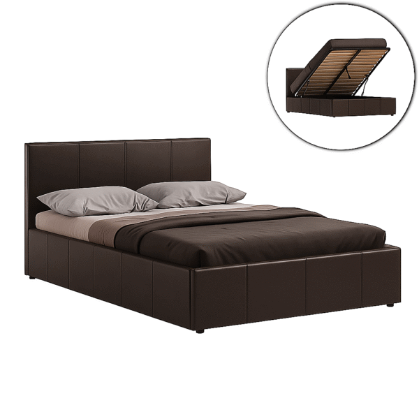 Open double ottoman bed showing large hidden storage space inside