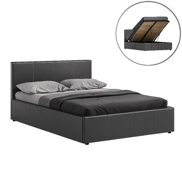 Open double ottoman bed showing large hidden storage space inside