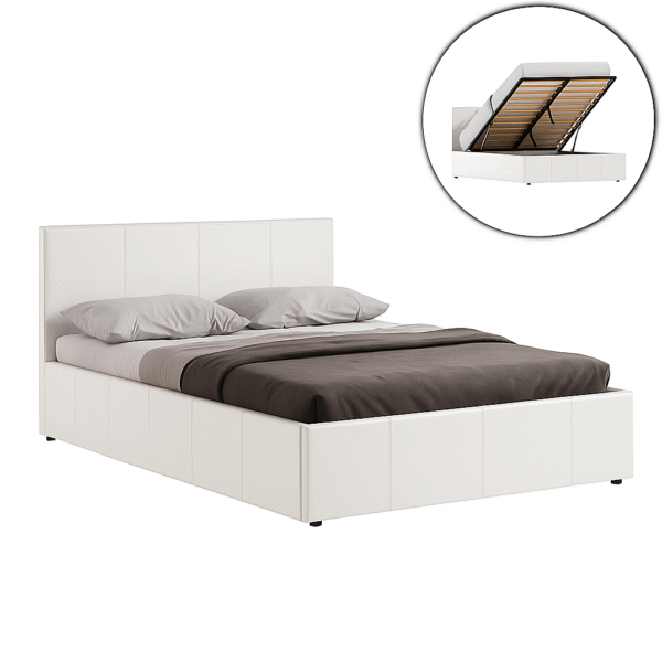 Open double ottoman bed showing large hidden storage space inside