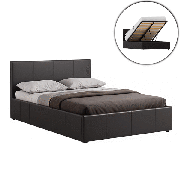 Open double ottoman bed showing large hidden storage space inside