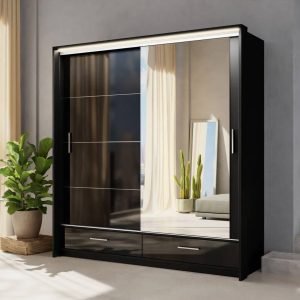 Black 2 Door Sliding High Gloss Wardrobe with Drawers - 208cm Marsylia