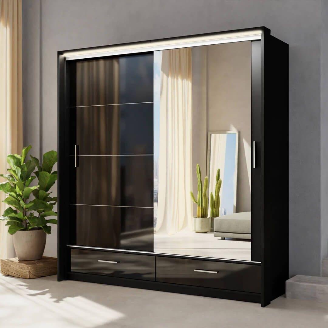 Black 2 Door Sliding High Gloss Wardrobe with Drawers - 208cm Marsylia
