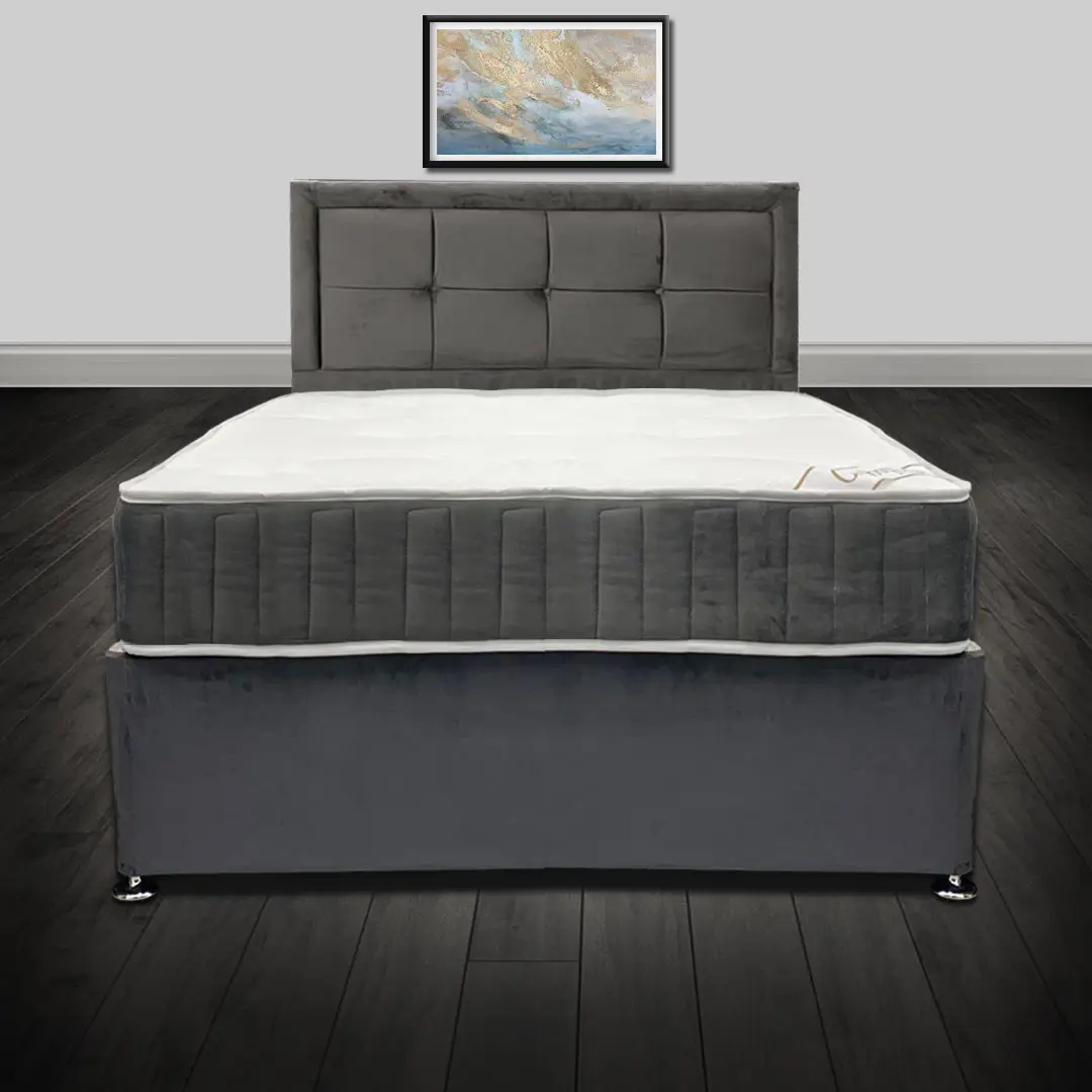 Eden Grey Double Plush Velvet Divan Bed with Memory Orthopaedic Mattress and Headboard